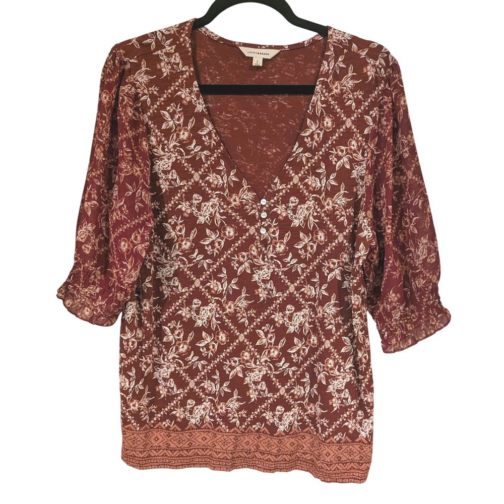 Lucky Brand Henley Blouse L Burgundy Floral Mixed Media Sheer Sleeve Boho Top
